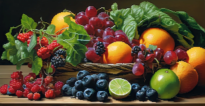 A colorful assortment of fruits and vegetables on a wooden table, with a glass of water beside them.