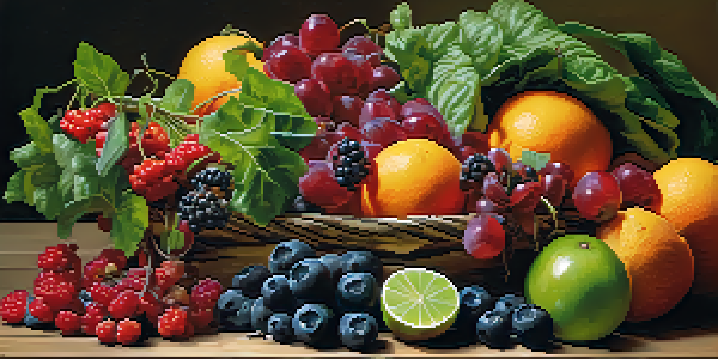 A colorful assortment of fruits and vegetables on a wooden table, with a glass of water beside them.