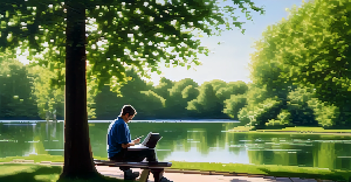 A person reflecting on a park bench with a notebook, surrounded by greenery and sunlight.