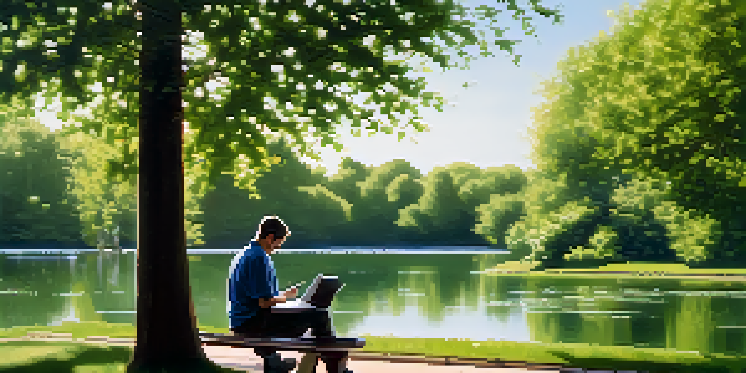 A person reflecting on a park bench with a notebook, surrounded by greenery and sunlight.