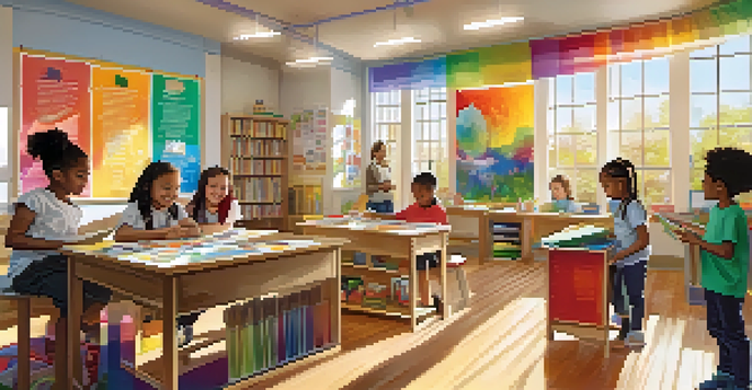 A colorful classroom where diverse children are collaborating on an art project, surrounded by educational materials and sunlight.