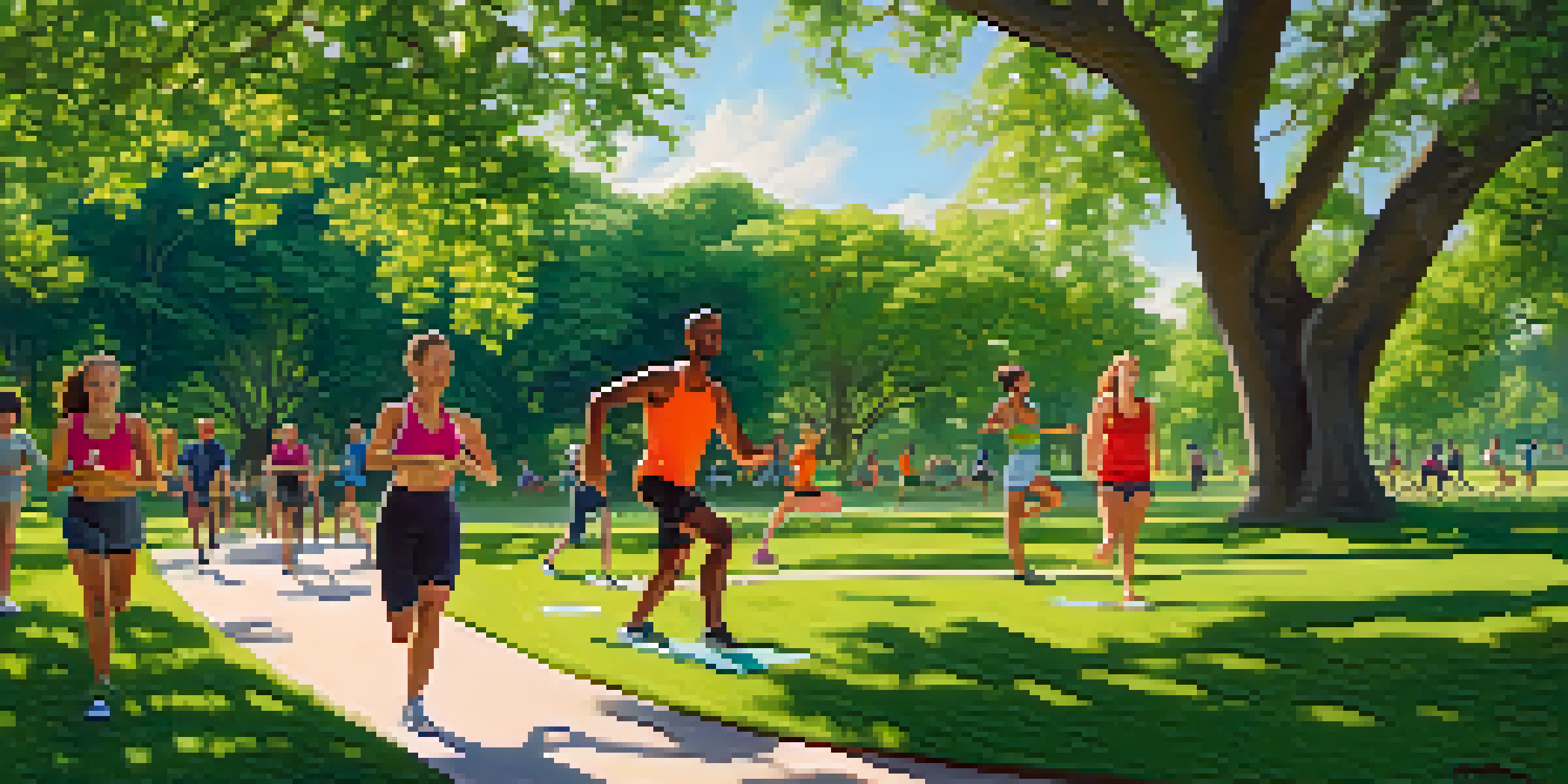 A diverse group of people exercising in a vibrant green park, engaging in walking, cycling, and yoga under sunlight.