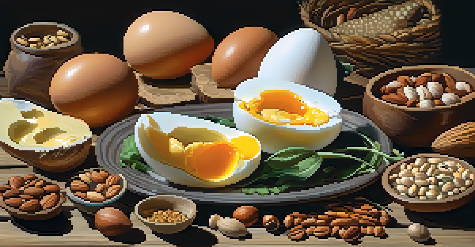 An assortment of biotin-rich foods including eggs, nuts, seeds, and fish on a wooden table, beautifully lit.