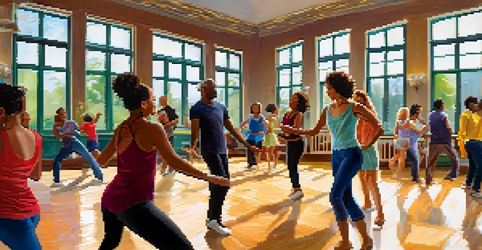 A lively and diverse group of dancers in a bright, sunlit room enjoying a salsa dance class, showcasing joy and energy.