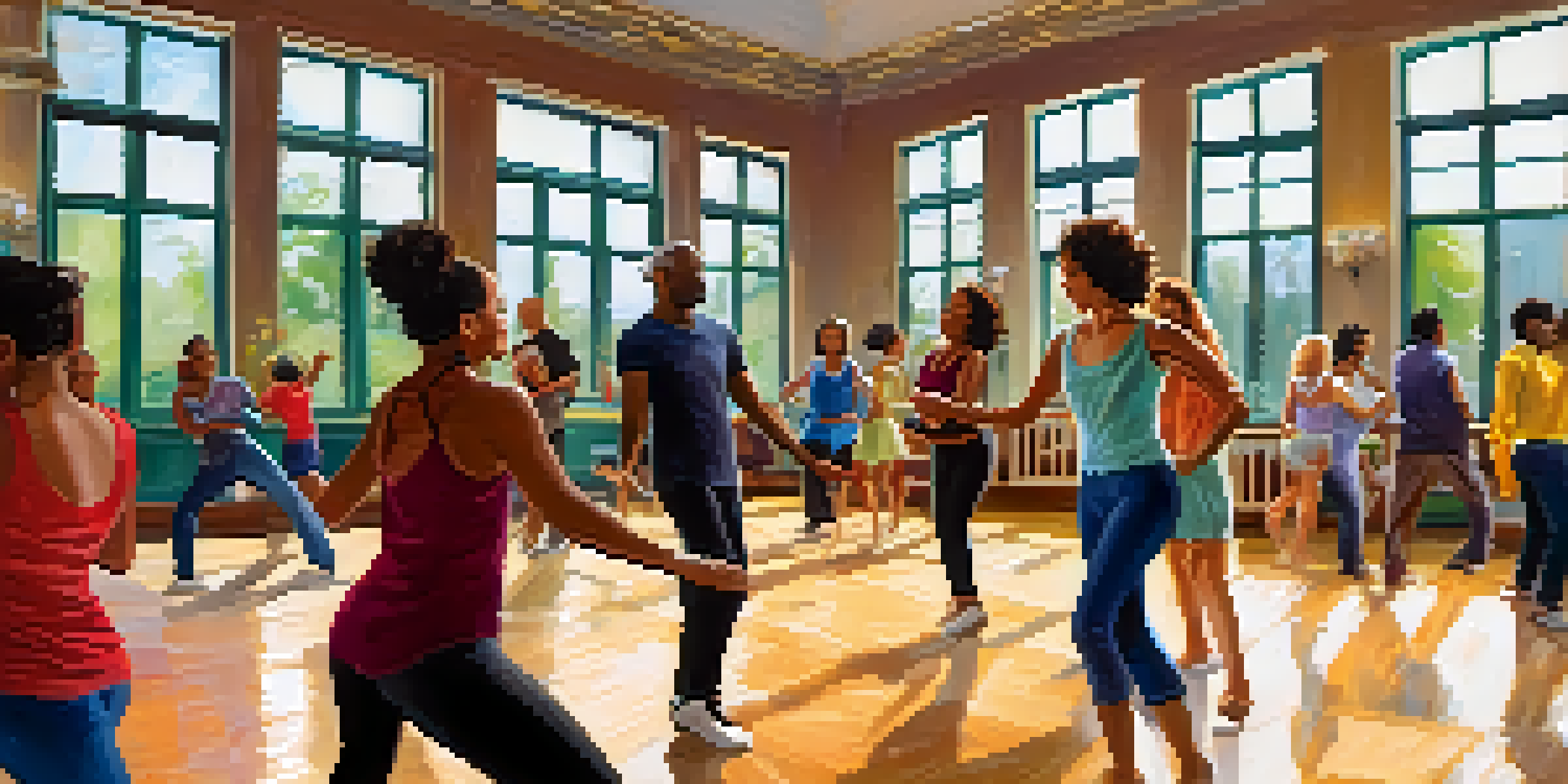 A lively and diverse group of dancers in a bright, sunlit room enjoying a salsa dance class, showcasing joy and energy.