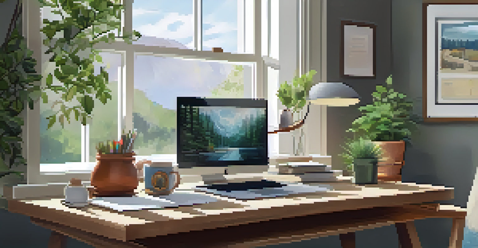 A cozy workspace for a mental health professional with a desk, natural light from a window, and calming plants.