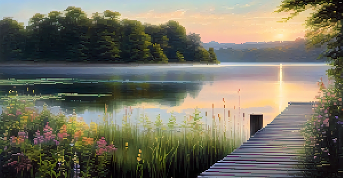 A peaceful sunrise over a tranquil lake with a wooden dock and colorful reflections on the water.