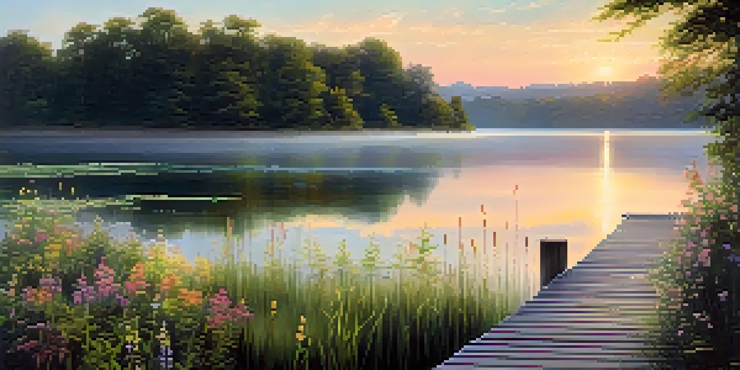 A peaceful sunrise over a tranquil lake with a wooden dock and colorful reflections on the water.