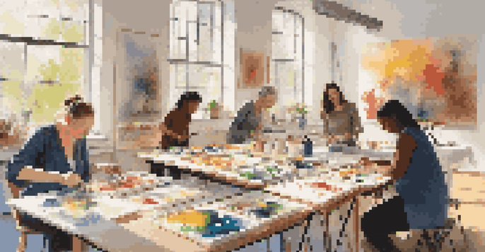 A group of diverse individuals engaged in an art therapy session, painting in a brightly lit studio with large windows.