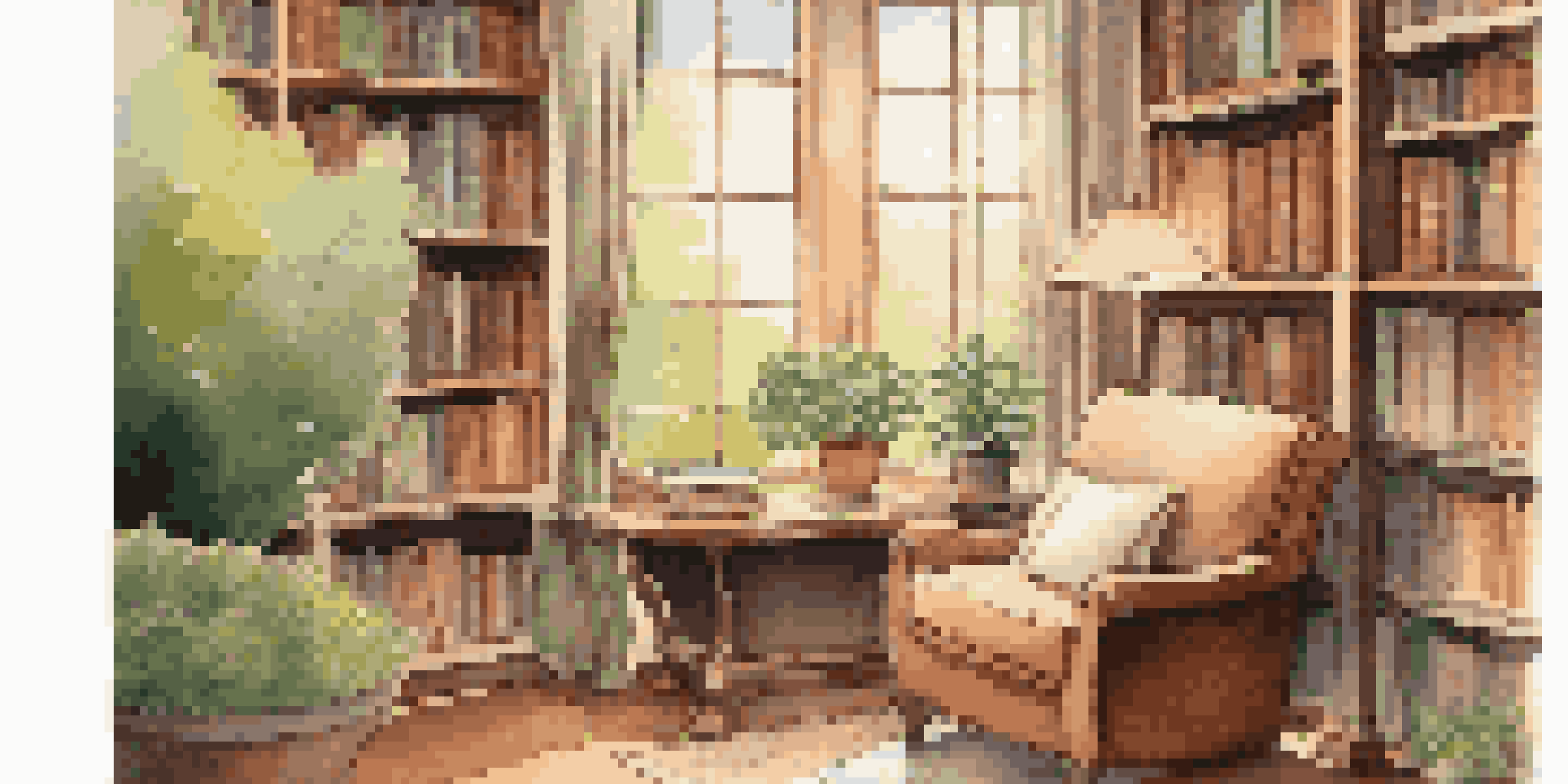 A cozy corner of a wellness library with an armchair, bookshelves, a cup of tea, and a view of a garden.