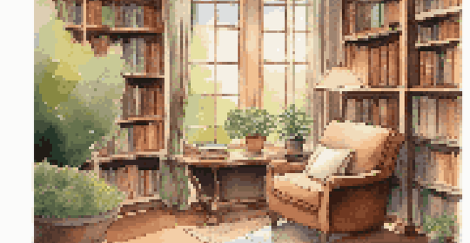A cozy corner of a wellness library with an armchair, bookshelves, a cup of tea, and a view of a garden.