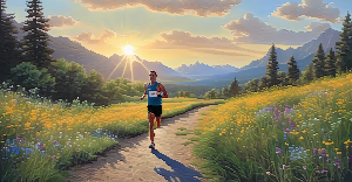 An endurance athlete running on a trail, surrounded by nature with a sunset in the background.