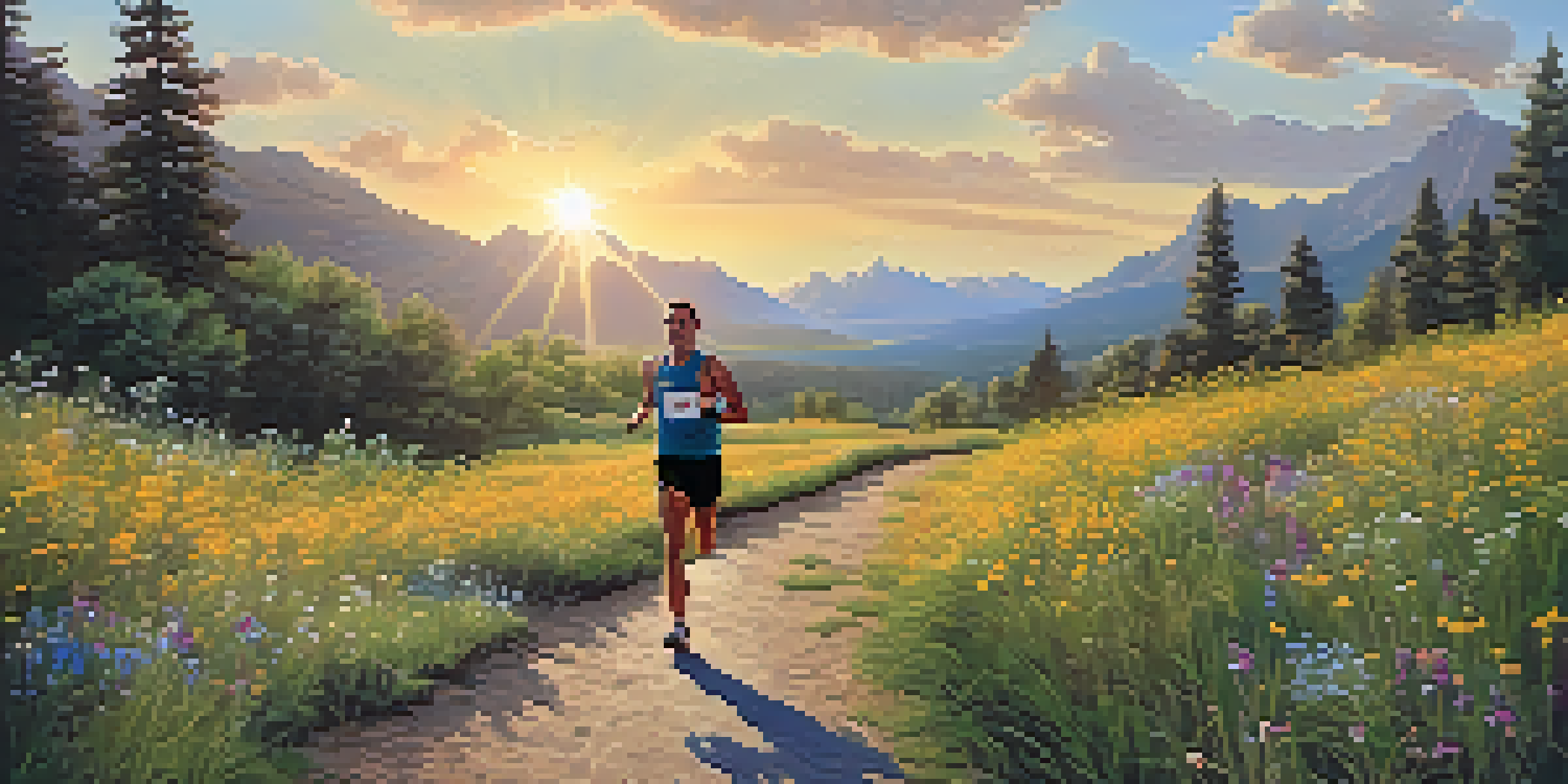 An endurance athlete running on a trail, surrounded by nature with a sunset in the background.