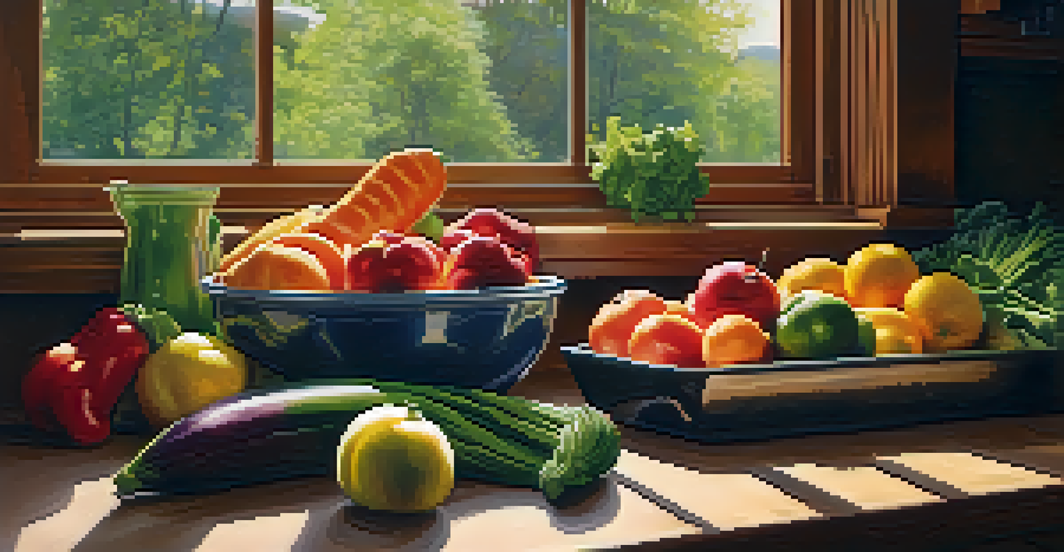 A rustic kitchen countertop filled with fresh vegetables and fruits, illuminated by soft sunlight, inviting for mindful cooking.