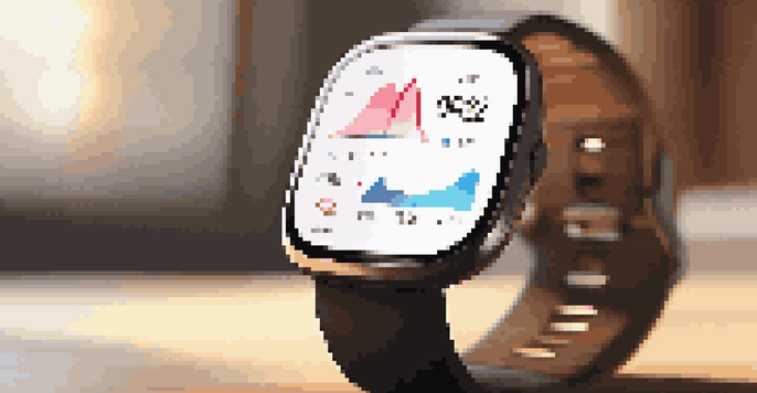 A close-up view of a smartwatch showing health metrics on a wooden table with soft morning light.