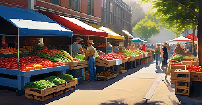 A lively farmers' market showcasing a variety of seasonal vegetables and fruits with sunlight illuminating the scene.