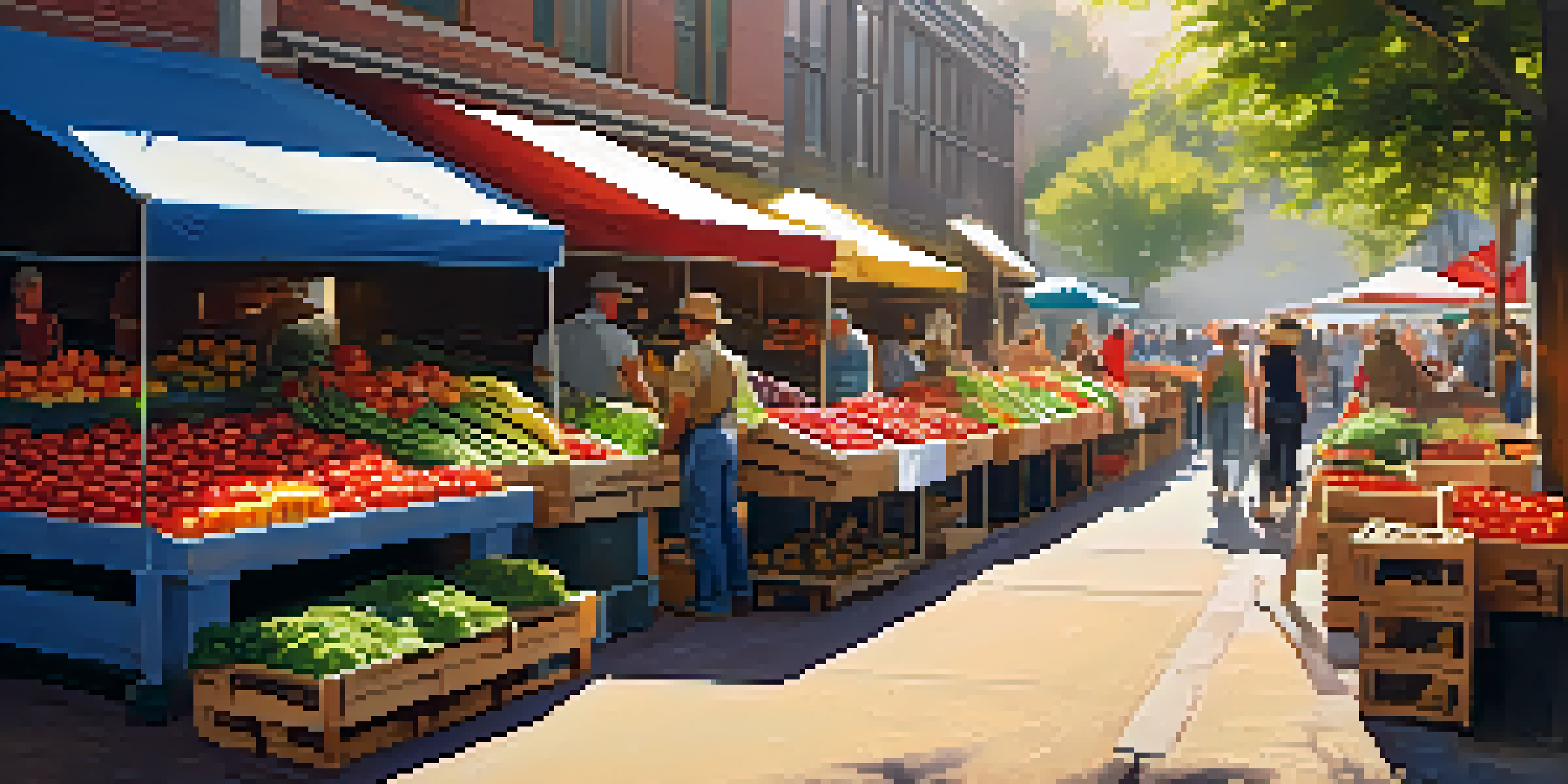A lively farmers' market showcasing a variety of seasonal vegetables and fruits with sunlight illuminating the scene.