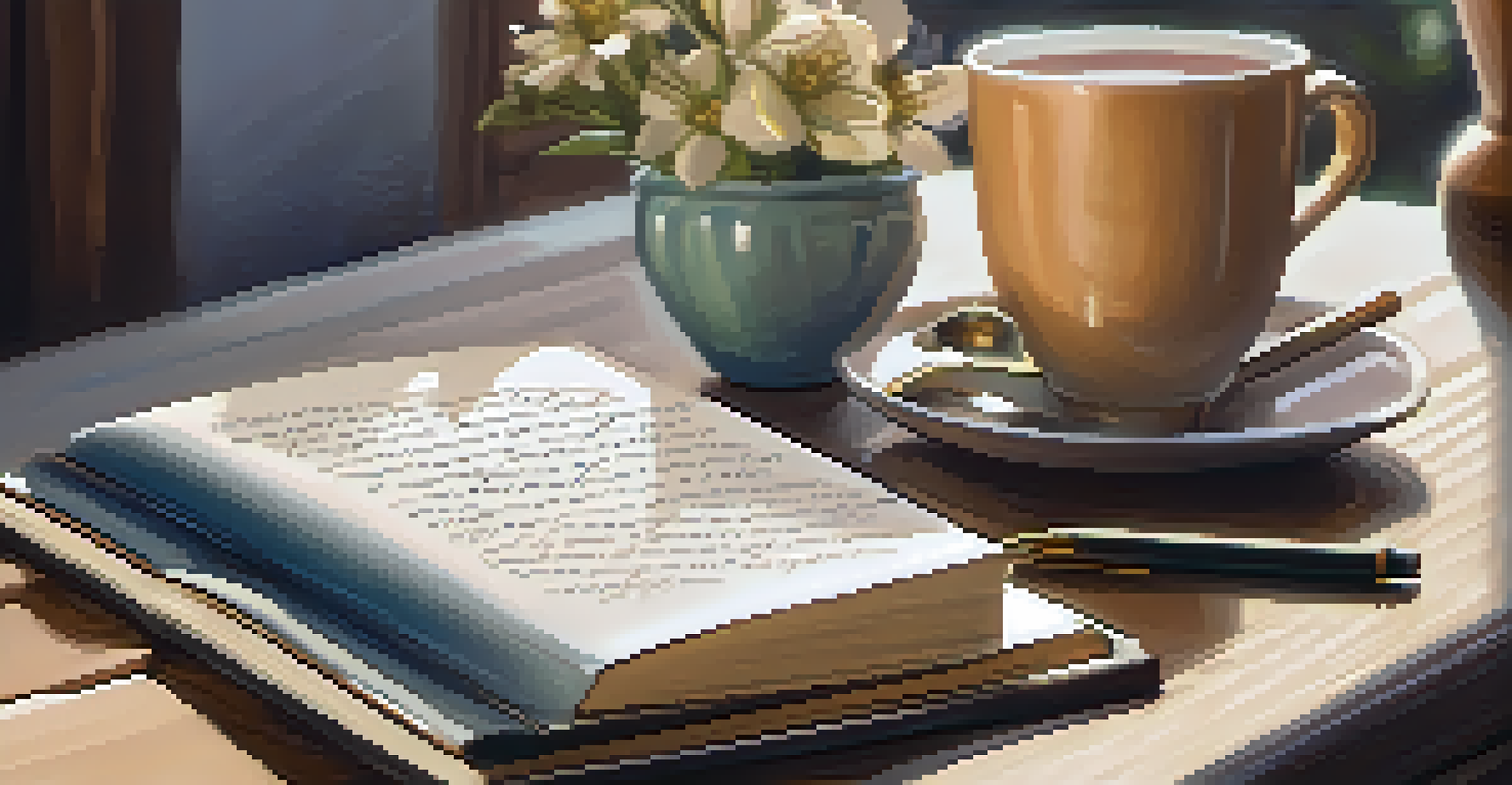A close-up of a hand writing in a gratitude journal, surrounded by a cup of herbal tea and a vase of flowers, creating a tranquil and reflective atmosphere.