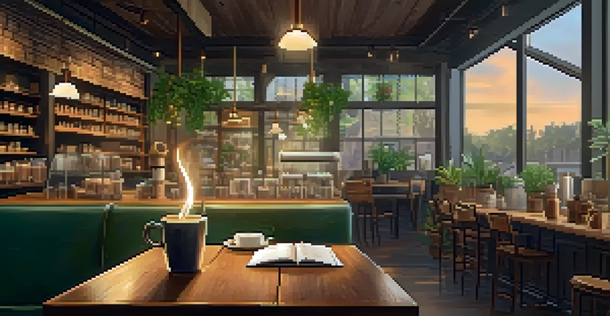 A warm and inviting coffee shop interior with a wooden table, a steaming cup of coffee, and an open book, alongside a barista in the background.