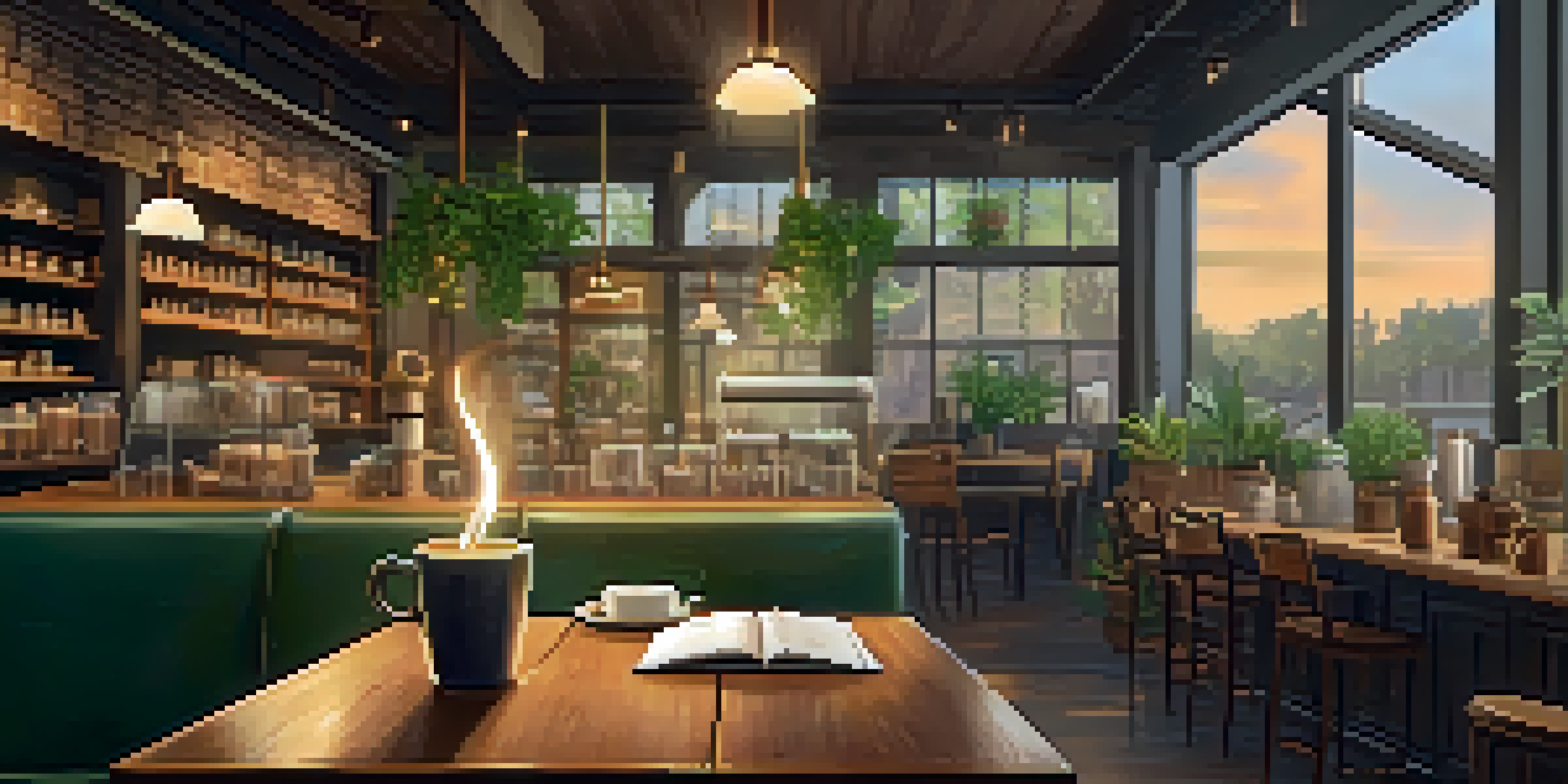 A warm and inviting coffee shop interior with a wooden table, a steaming cup of coffee, and an open book, alongside a barista in the background.