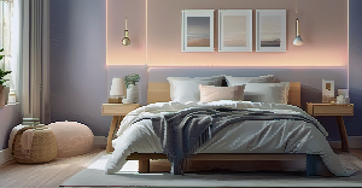 A peaceful bedroom with a sleep tracker on the bedside table and a cozy bed in the background.