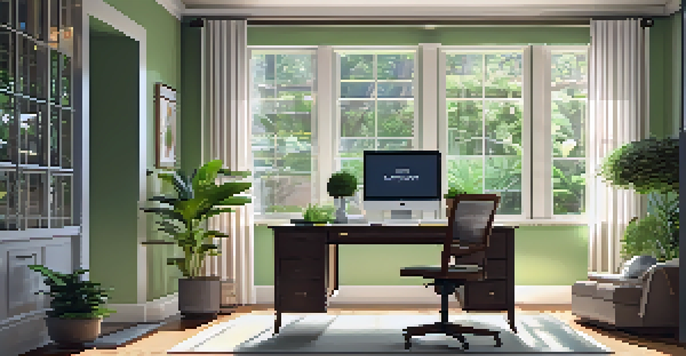 A modern home office with a desk, laptop, notepad, coffee cup, and a view of a green garden outside.