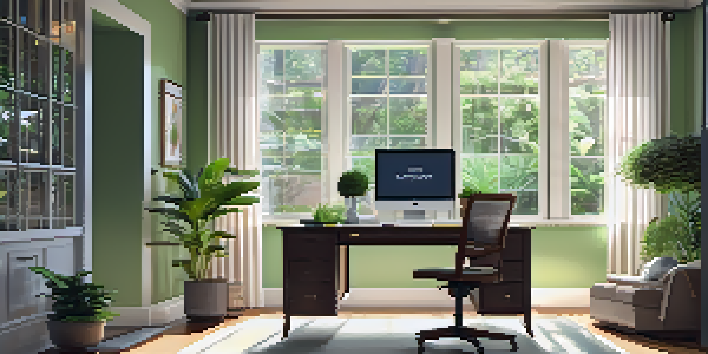 A modern home office with a desk, laptop, notepad, coffee cup, and a view of a green garden outside.