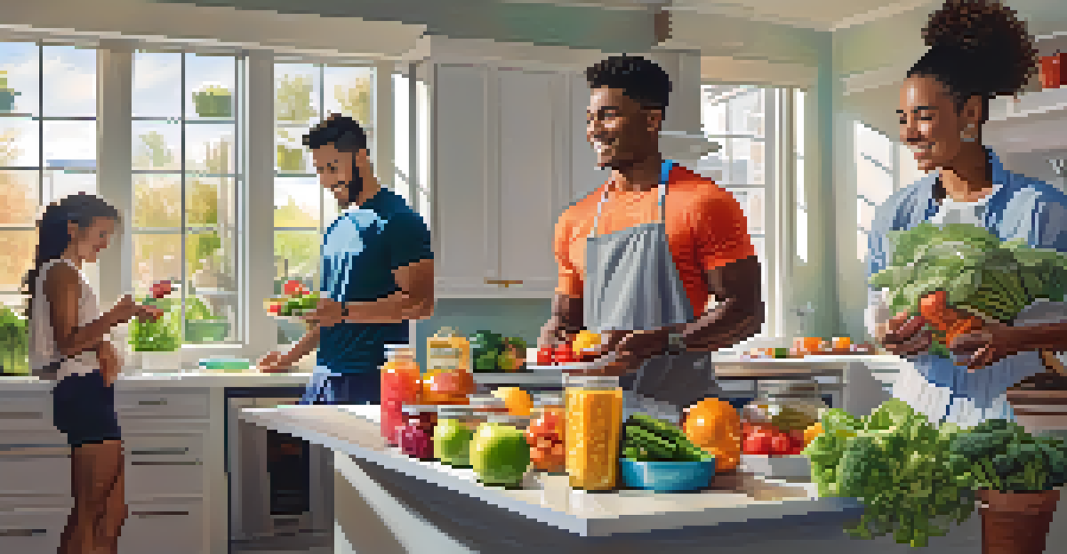 An athlete sharing meal prep tips in a bright kitchen with fellow group members, surrounded by fresh ingredients.