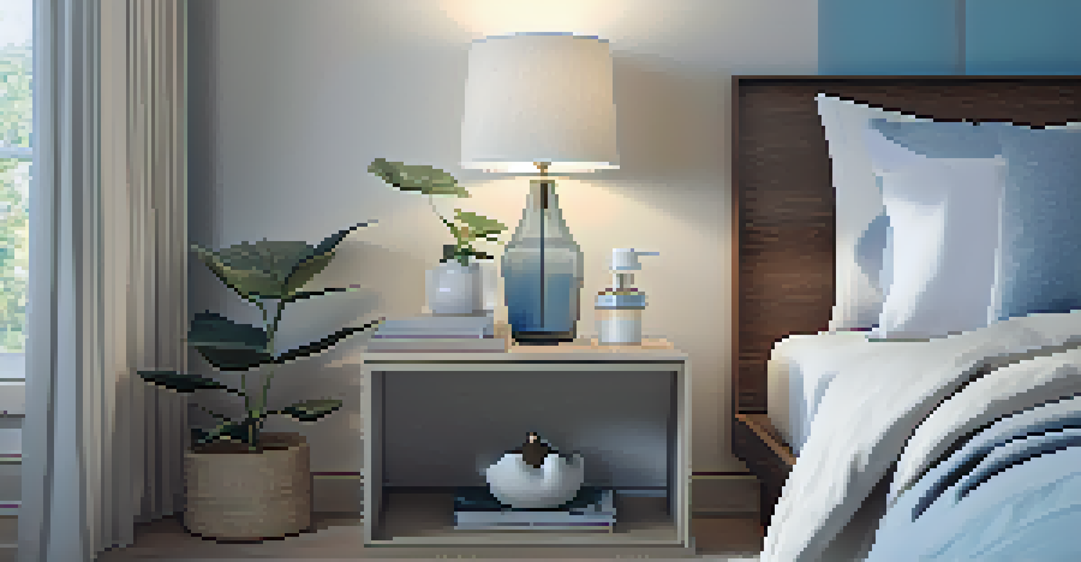 A neat and organized bedroom with a nightstand featuring an essential oil diffuser and soft lighting, promoting a calming environment.