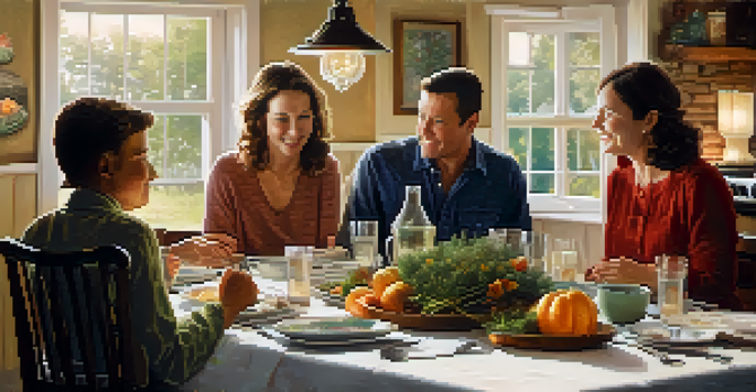 A warm family gathering at a dining table, with soft lighting and members of different ages engaged in conversation about health history.