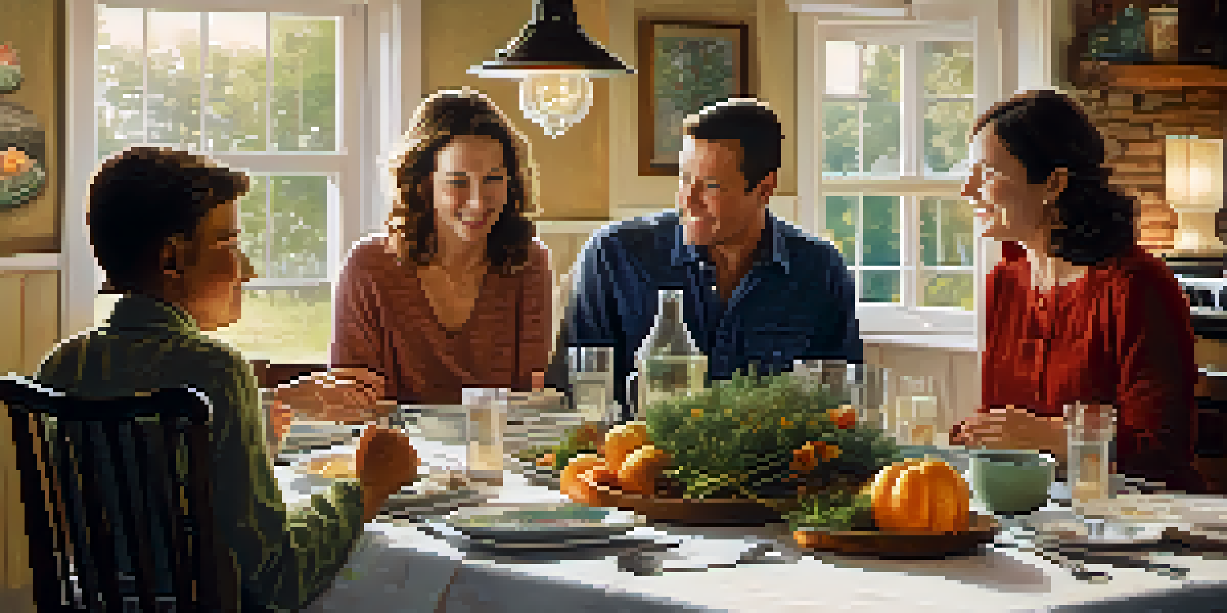 A warm family gathering at a dining table, with soft lighting and members of different ages engaged in conversation about health history.