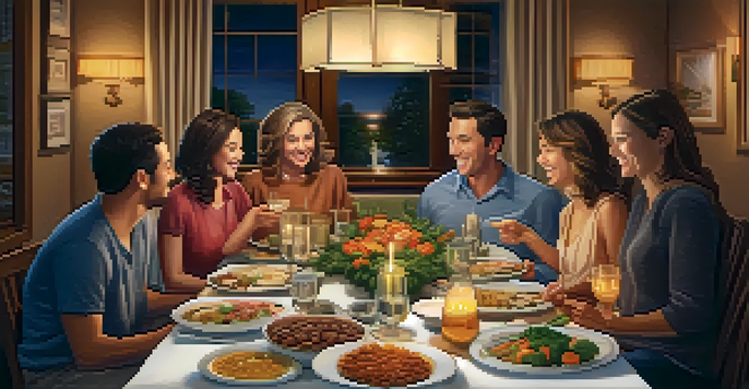A warm family dinner scene with members sharing smiles and achievements around a beautifully set table, illuminated by soft pendant lights.