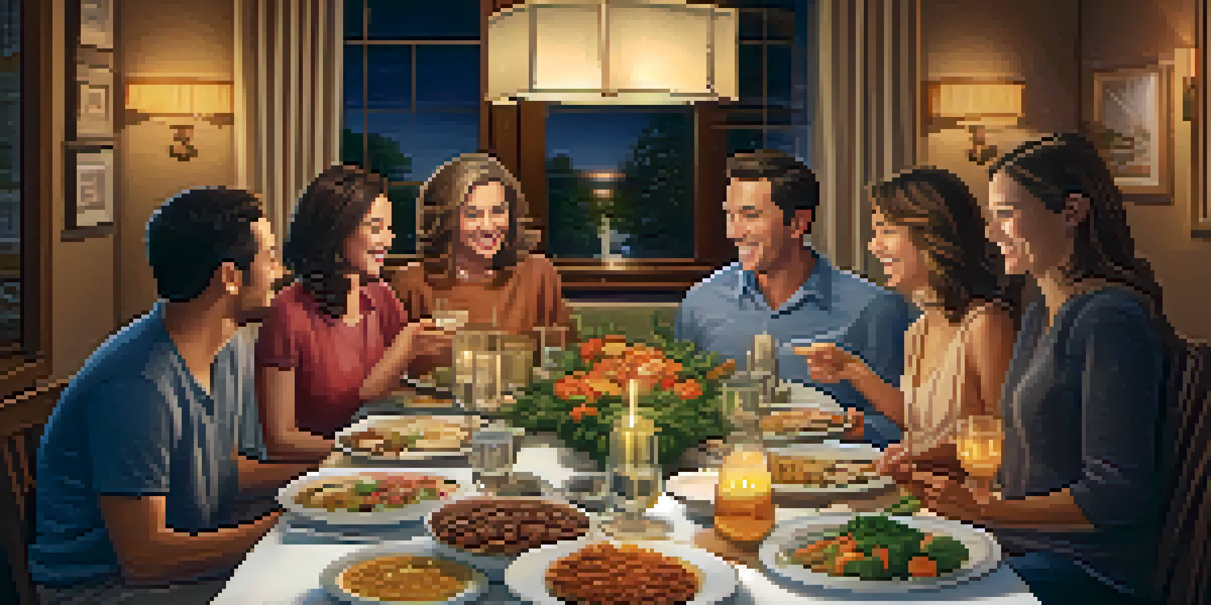 A warm family dinner scene with members sharing smiles and achievements around a beautifully set table, illuminated by soft pendant lights.