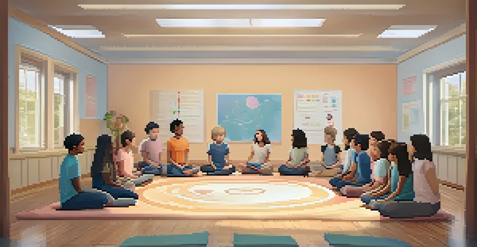 A teacher leading a mindfulness breathing exercise with students sitting cross-legged in a circle on cushions in a calming classroom environment.