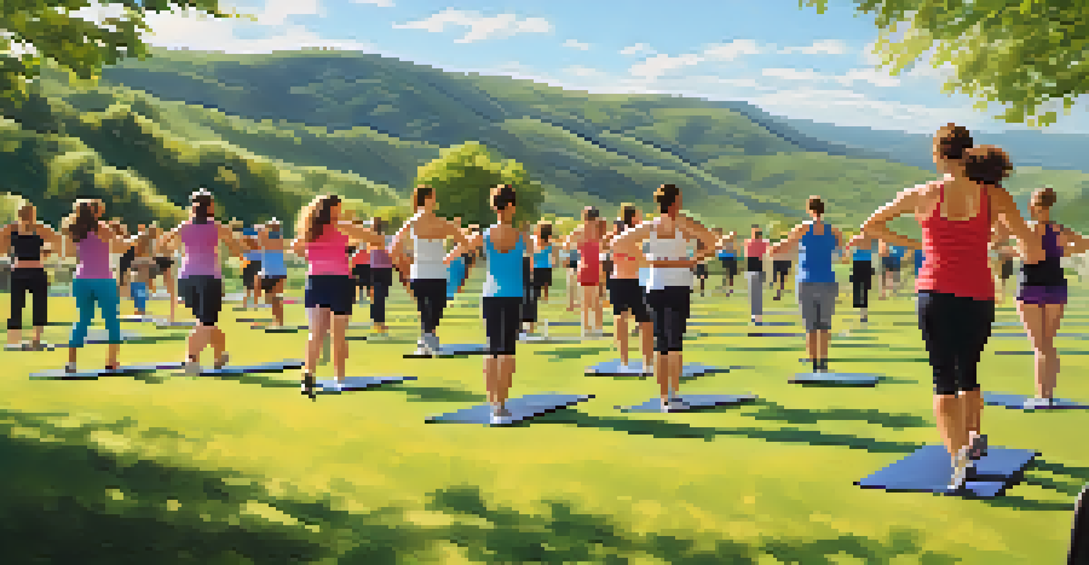 An outdoor fitness class with diverse participants following an instructor amidst a scenic backdrop of hills and a sunny sky.