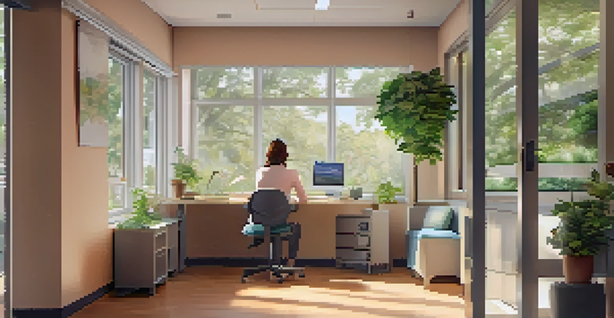 A healthcare professional in a peaceful workspace, reflecting on self-kindness with soft natural light and calming plants around.