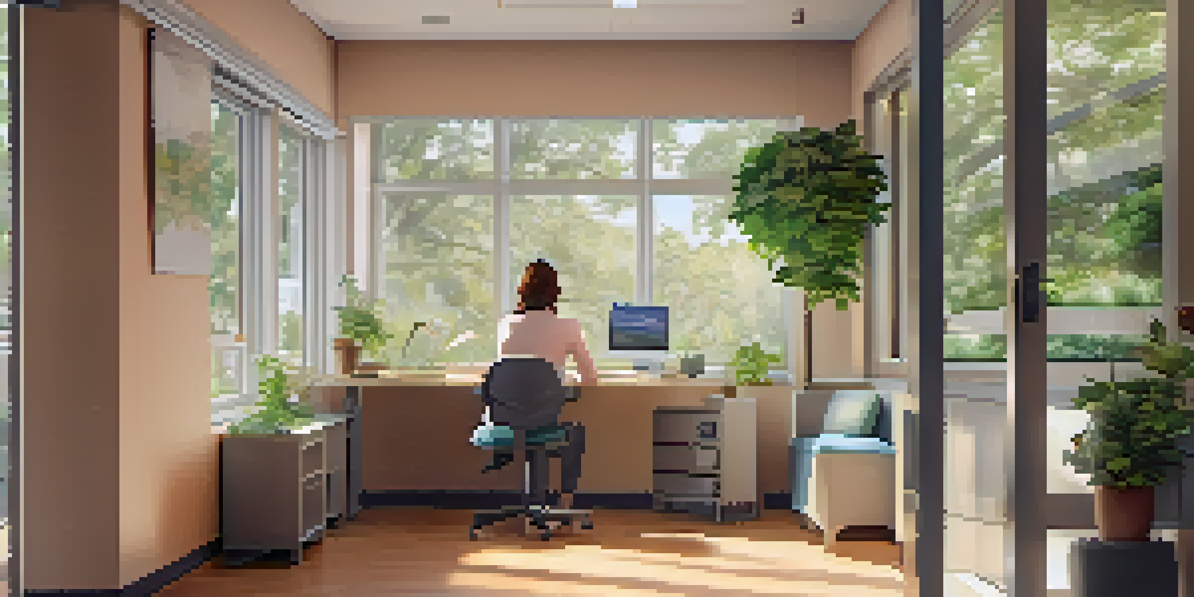 A healthcare professional in a peaceful workspace, reflecting on self-kindness with soft natural light and calming plants around.