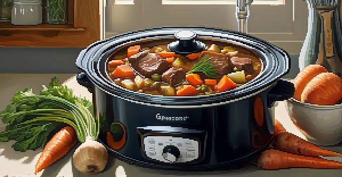 A cozy kitchen with a slow cooker filled with beef stew and fresh vegetables on the countertop, illuminated by warm natural light.