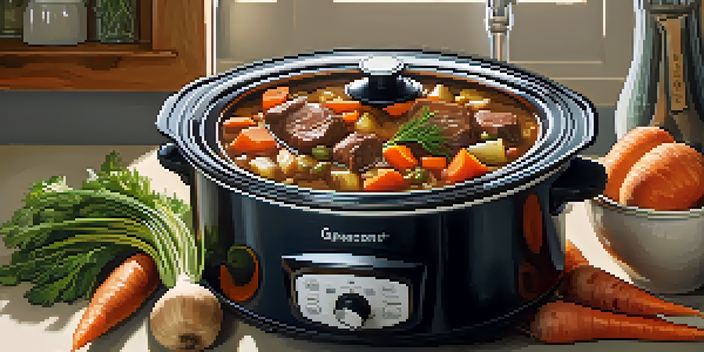 A cozy kitchen with a slow cooker filled with beef stew and fresh vegetables on the countertop, illuminated by warm natural light.