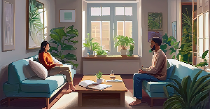 A cozy therapy room with a therapist and client engaged in conversation, surrounded by plants and calming artwork.