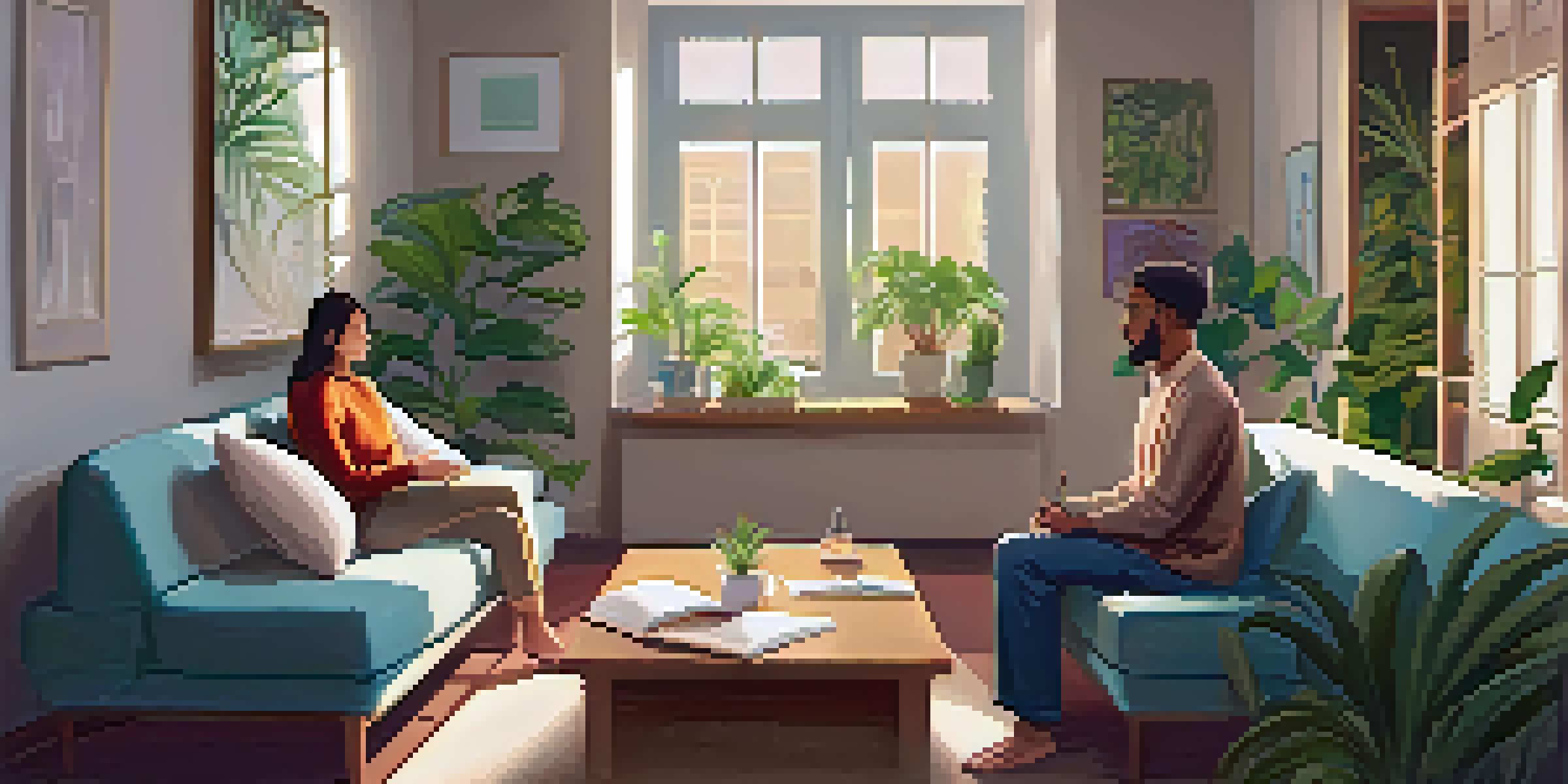 A cozy therapy room with a therapist and client engaged in conversation, surrounded by plants and calming artwork.
