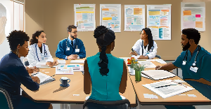 A diverse group of healthcare professionals in a training workshop, discussing cultural sensitivity with books and notes on a large table.