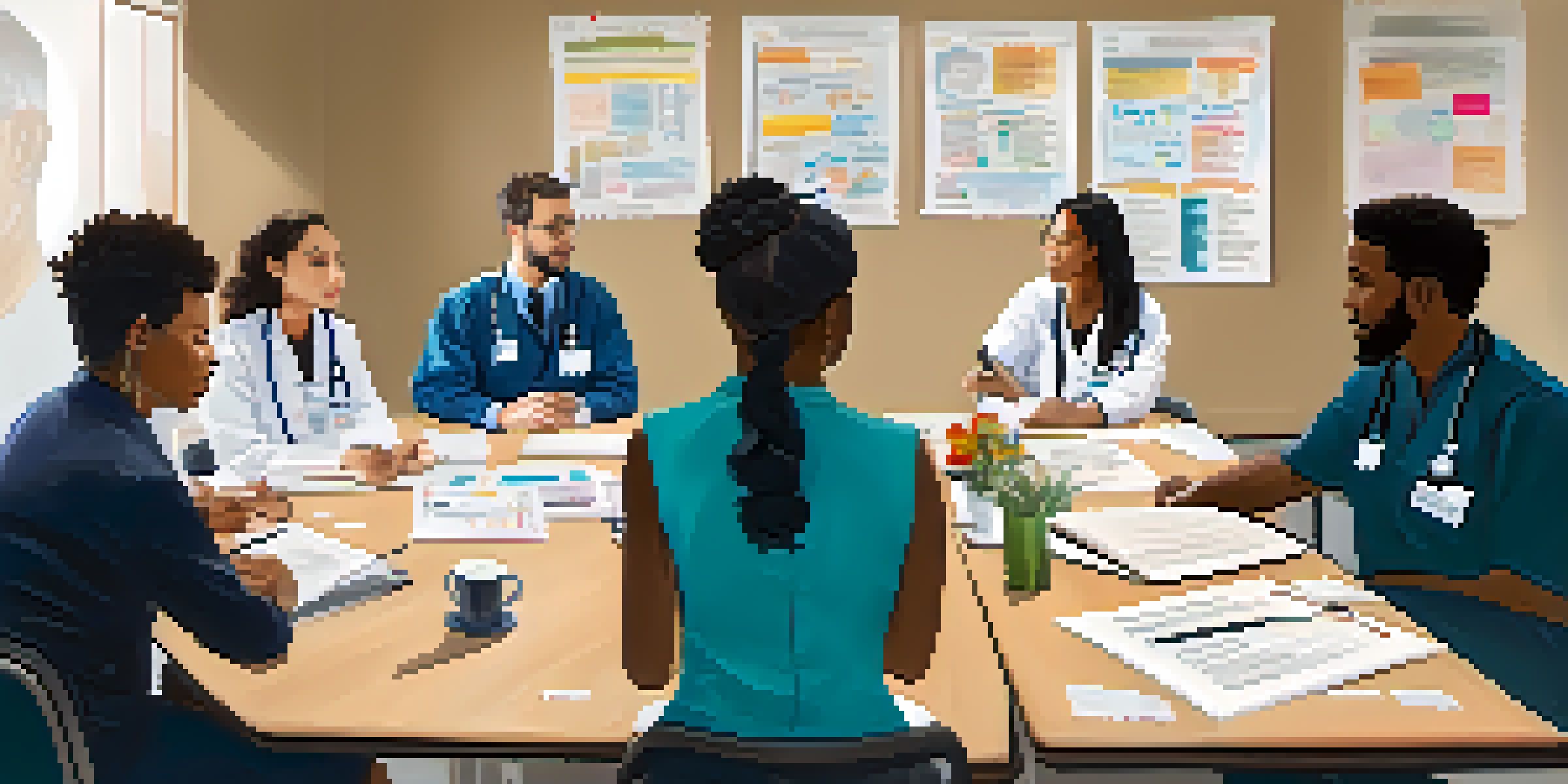 A diverse group of healthcare professionals in a training workshop, discussing cultural sensitivity with books and notes on a large table.