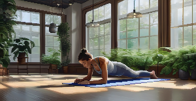 A person doing a plank exercise in a bright fitness studio with plants and calming decor.