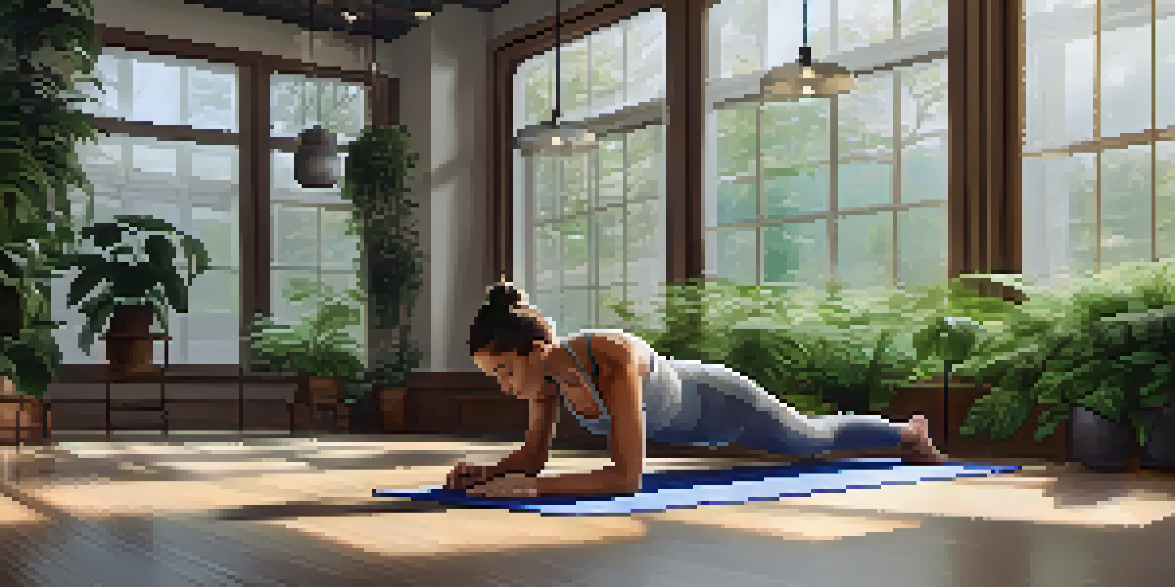 A person doing a plank exercise in a bright fitness studio with plants and calming decor.
