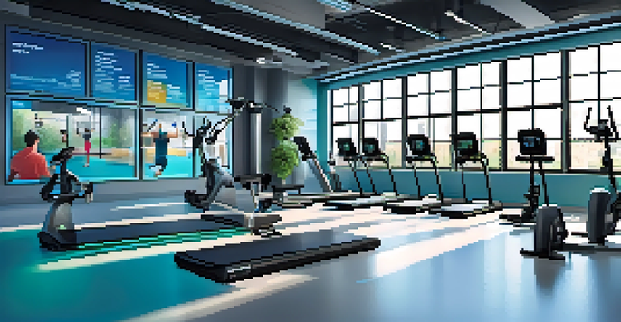 A fitness studio with individuals of different backgrounds using advanced workout equipment and technology, with bright lighting and motivational quotes on the walls.