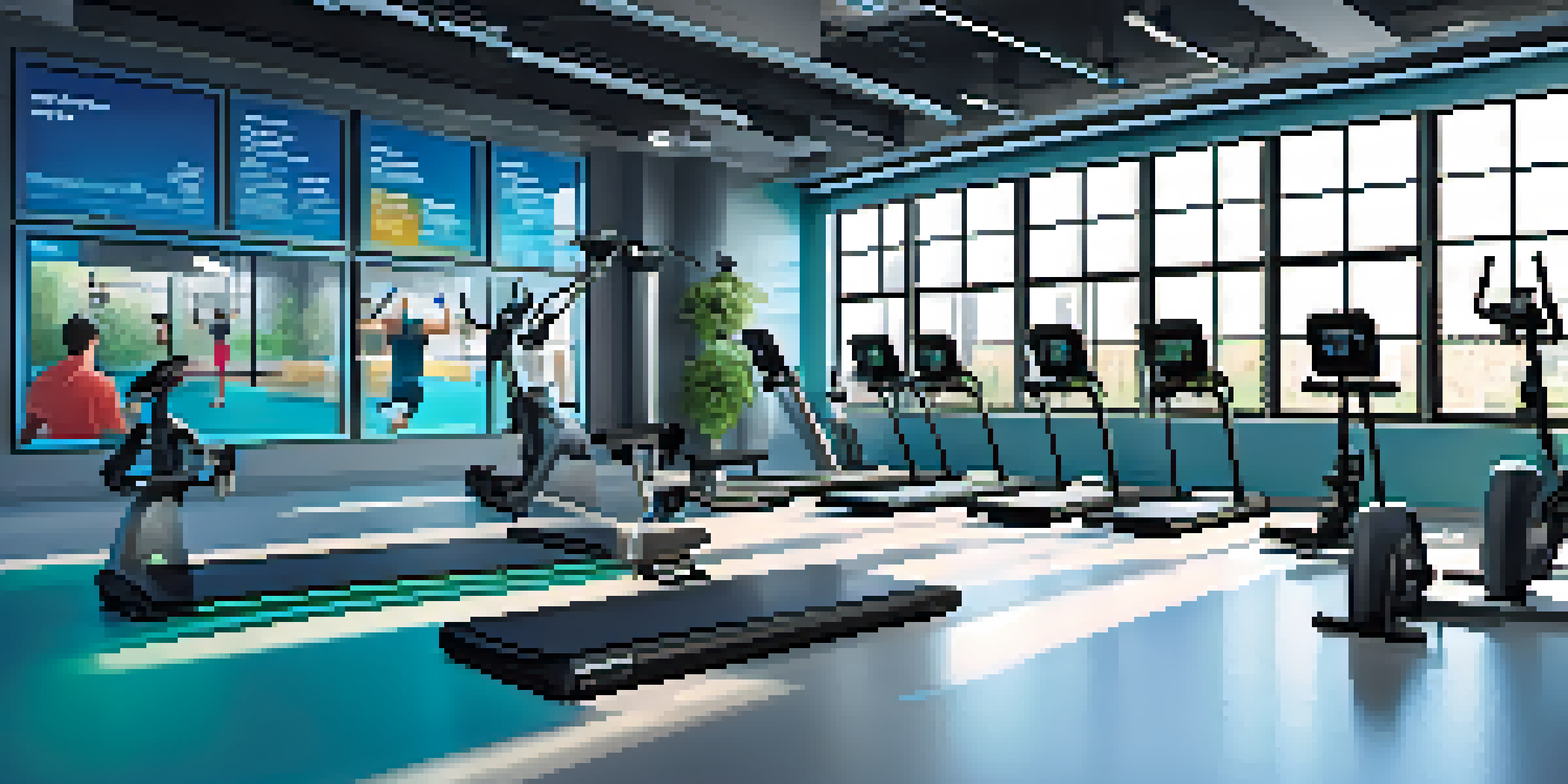 A fitness studio with individuals of different backgrounds using advanced workout equipment and technology, with bright lighting and motivational quotes on the walls.