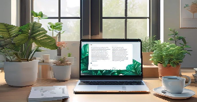 A bright and calming home office featuring a laptop displaying a health chatbot interface, surrounded by plants and a cup of herbal tea.