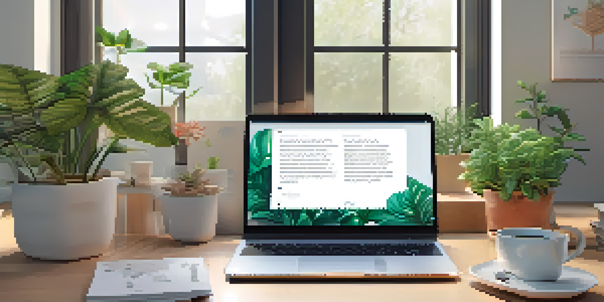 A bright and calming home office featuring a laptop displaying a health chatbot interface, surrounded by plants and a cup of herbal tea.