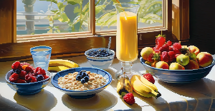 A bright breakfast table with oatmeal topped with fruits and a glass of water, illuminated by morning sunlight.